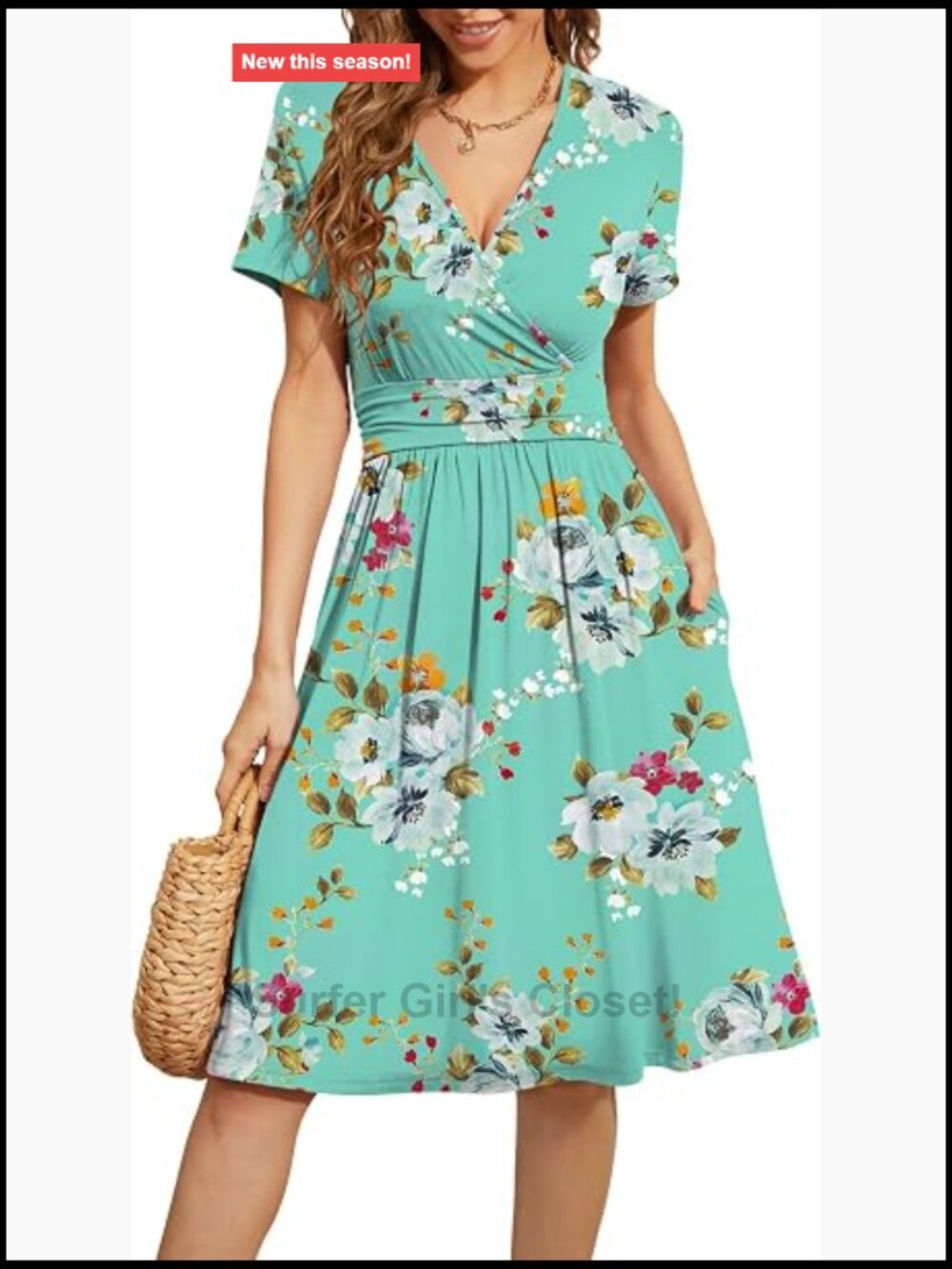 Women's Short Sleeve V-Neck Floral Casual Dress with Pockets